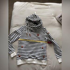Wanakome Striped Nautical Hoodie with Leather Accents - White & Navy